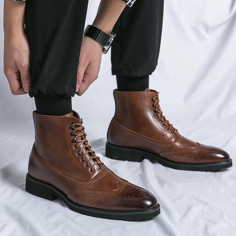 Classic Pointed Leather Boots for Men Lace Up Oxfords Low-heel Dress Boots for Men High Top Formal Shoe Men Ankle Boots