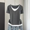 Women's Short Sleeve Tee O Neck Casual Top Plus Size Fake Two Piece Color Block Ribbed Knit Shirt