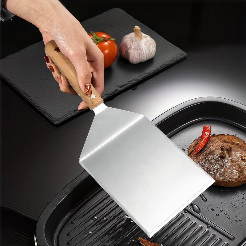 Stainless Steel Steak Spatula Non-Stick Pancake Barbecue Tongs Wood Handle Frying Fish Spatula Rust Resistant Kitchen Tool