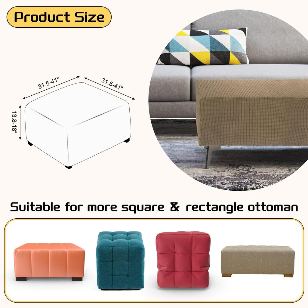 uxcell Square Jacquard Ottoman Slipcover with Elastic Stretch Footrest Stool Cover for Living Room Furniture Protector Large Bottom, (Light Coffee,
