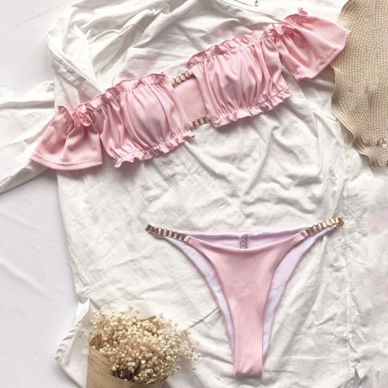 2 шт./компл. комплект бикини, однотонный женский купальник с цепочкой и высокой талией