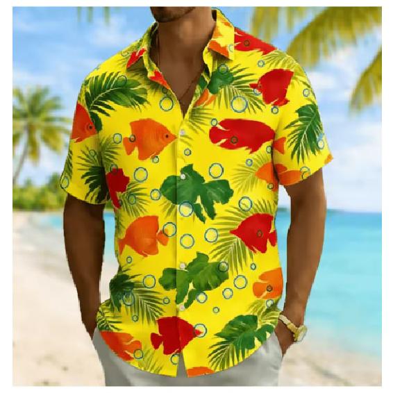 2026 Men's Fish Palm Leaf Short Sleeve Summer Beach Vacation Casual Loose Short Sleeve Shirt