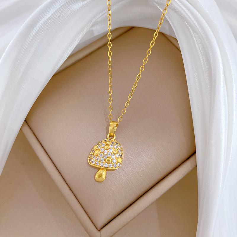 Titanium Steel Full Diamond Mushroom Fashion Light Luxury Temperament Gorgeous Full Diamond Necklace Female Versatile Collarbone Chain