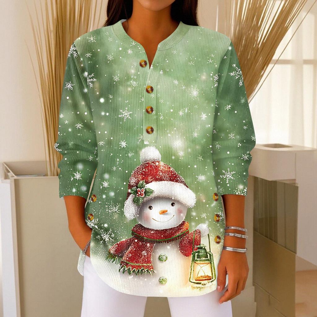 Women's Fashionable Button Collar Long-sleeved Christmas Print Pullover Top