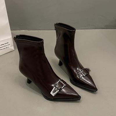 Модные зимние новые ботильоны на тонком каблуке, женские остроносые ботинки с металлической пряжкой и молнией сзади, противоскользящие износостойкие короткие ботинки