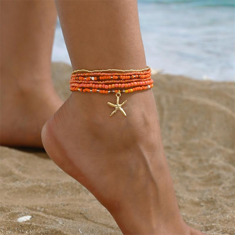 Bohemia Multilayer Rice Bead Anklet Set for Women Fashion Starfish Pendant Anklets Summer Sandy Beach Ankle Chain On Leg Jewelry