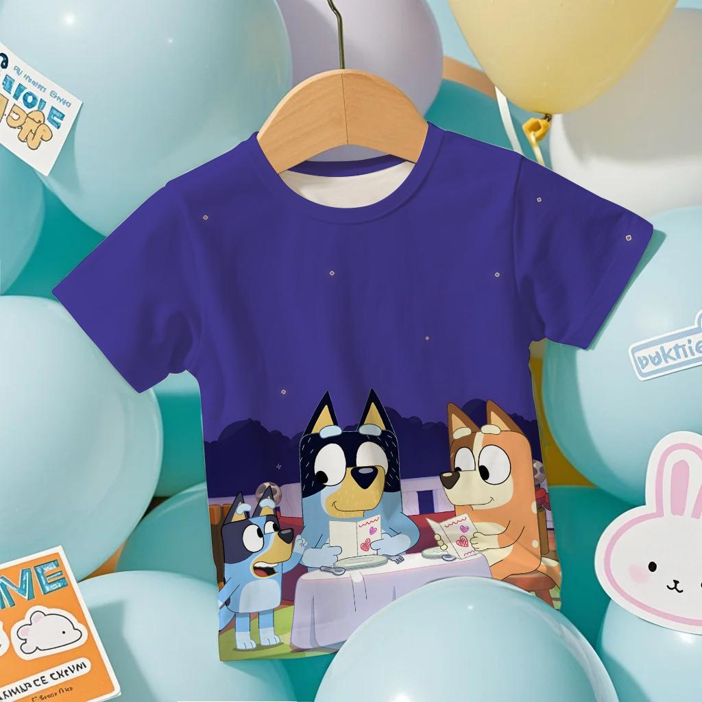 Детская футболка 2026 Bluey Аниме 3D Летняя Прохладная Дышащая с коротким рукавом Мультяшный Принт Легкая футболка для мальчиков и девочек