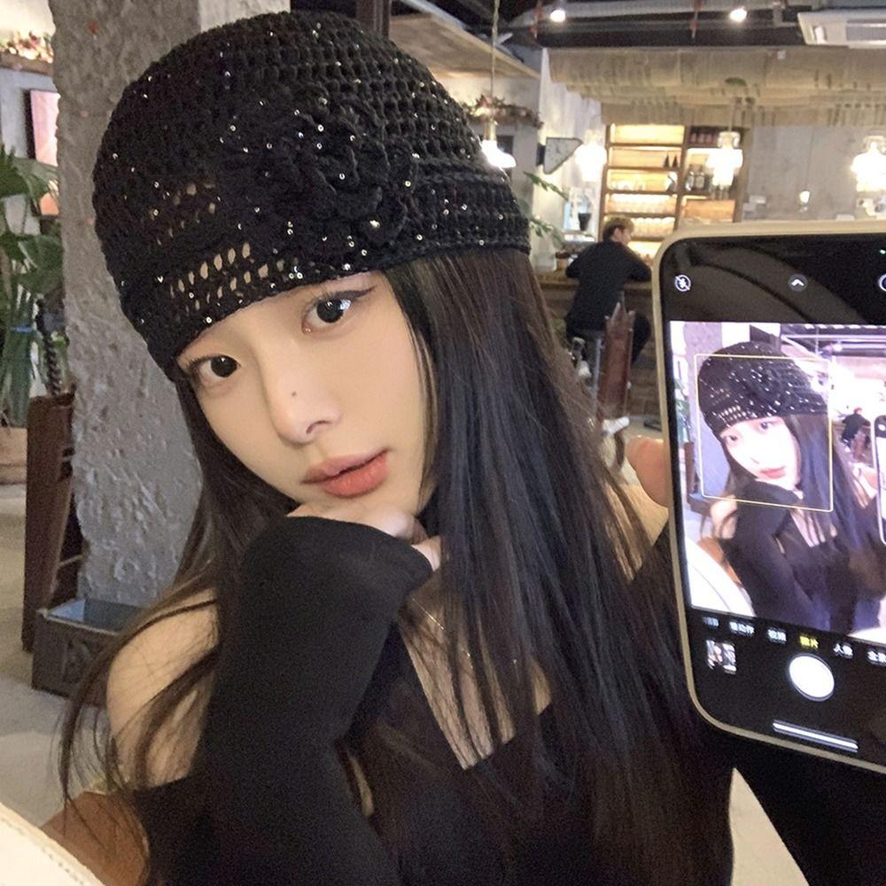Handmade Crochet Flower Hat Glitter Weave Cap Cute Sequin Knitted Hat  Girls