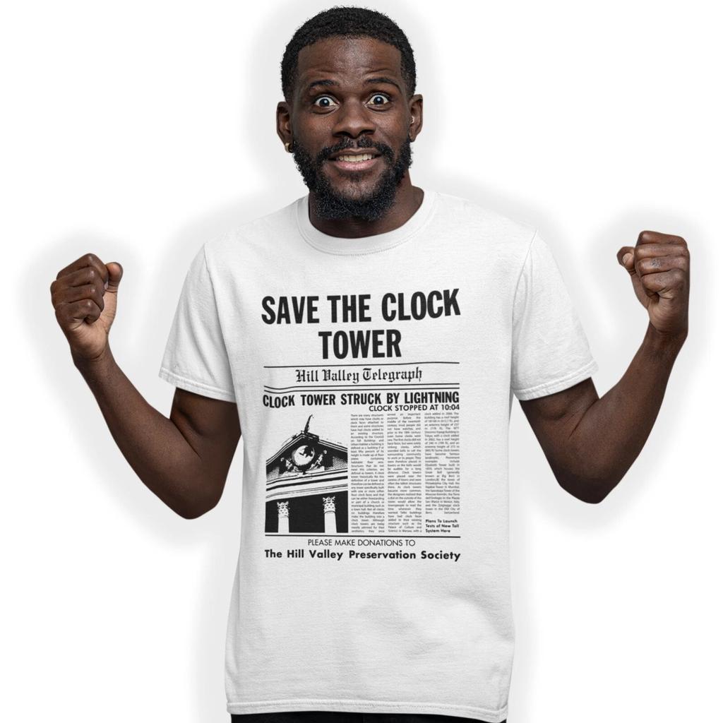 Save The Clock Tower T-shirt Back To The Future Newspaper Movie Prop Print