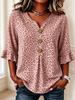 Women's Beige Brown Leopard Print V-Neck Button Front Blouse, 3/4 Flared Sleeve Loose Casual Top for Office, Vacation & Daily Wear