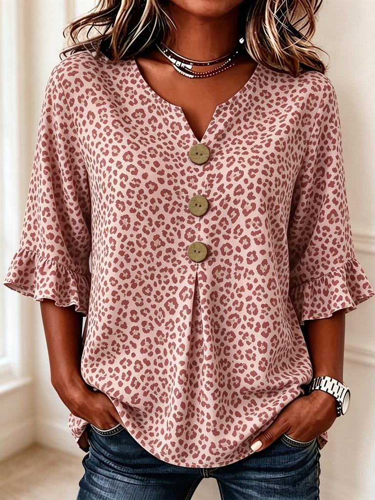 Women's Beige Brown Leopard Print V-Neck Button Front Blouse, 3/4 Flared Sleeve Loose Casual Top for Office, Vacation & Daily Wear