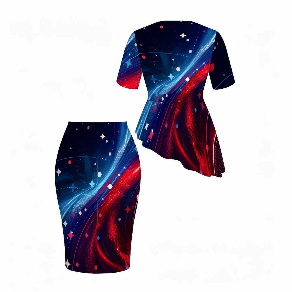 Women Plus Size Round Neck Short Sleeve Navy Red Printed Asymmetric Top And Fitted Skirt Two Piece Set