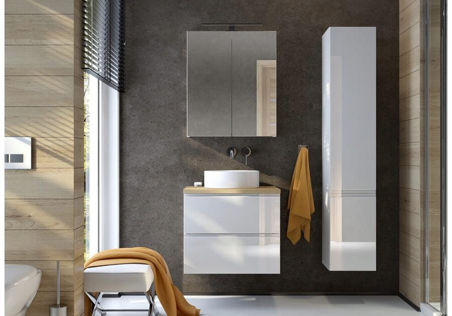 Wall-hung bathroom cabinet 100x50cm set with countertop and round washbasin white Modus