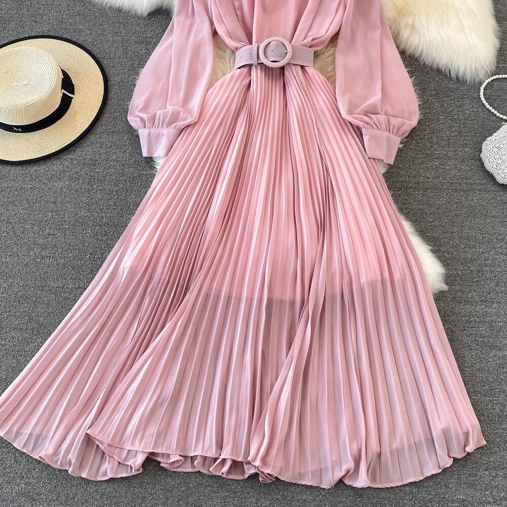 Весеннее корейское шикарное легкое зрелое стильное плиссированное платье с воротником-стойкой и высокой талией на шнуровке на талии Элегантное большое свободное платье