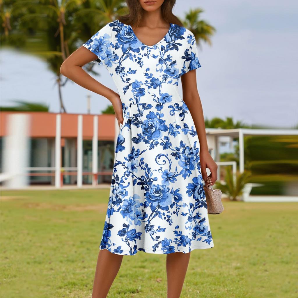 Ladies Summer Fashion Casual Floral Print V-Neck Short Sleeve Pocket Dress