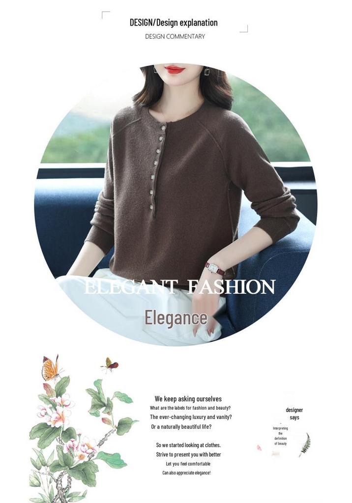 Women's Pure Wool Round Neck Sweater - Autumn/Winter New Style, Stylish Solid Color Loose Slimming Knit Top