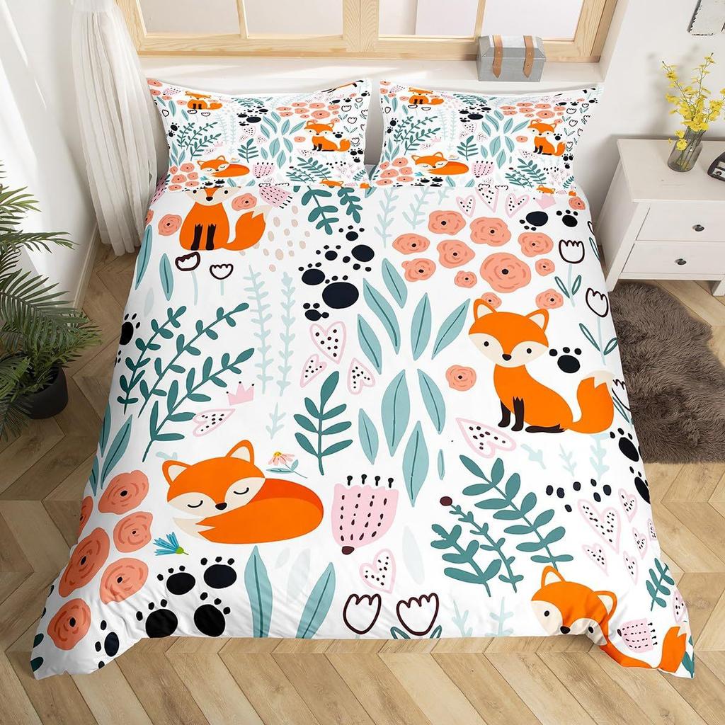 Cute cartoon fox pattern duvet cover set suitable for children's bedroom decoration bedding
