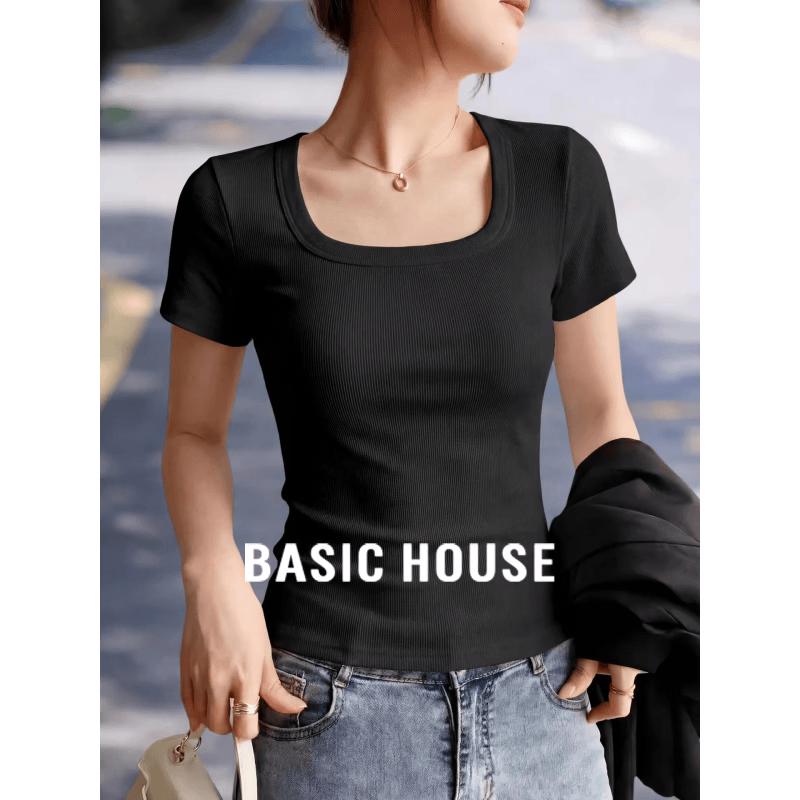 Базовая женская футболка Basic House с квадратным вырезом и коротким рукавом