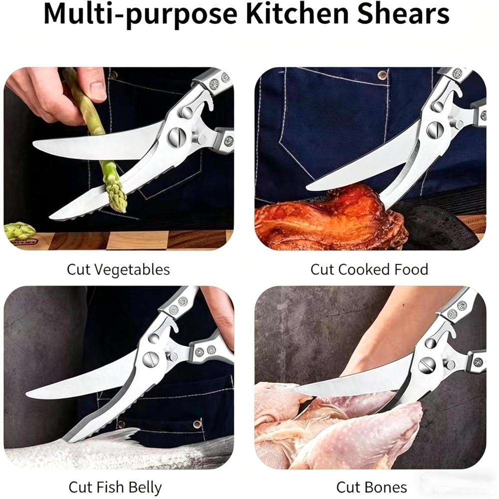2026 New Stainless Steel Bone-Cutting Kitchen Scissors, Heavy-Duty Bone Scissors with Safety Lock, Spring-Assisted 2-in-1 Kitchen Scissors