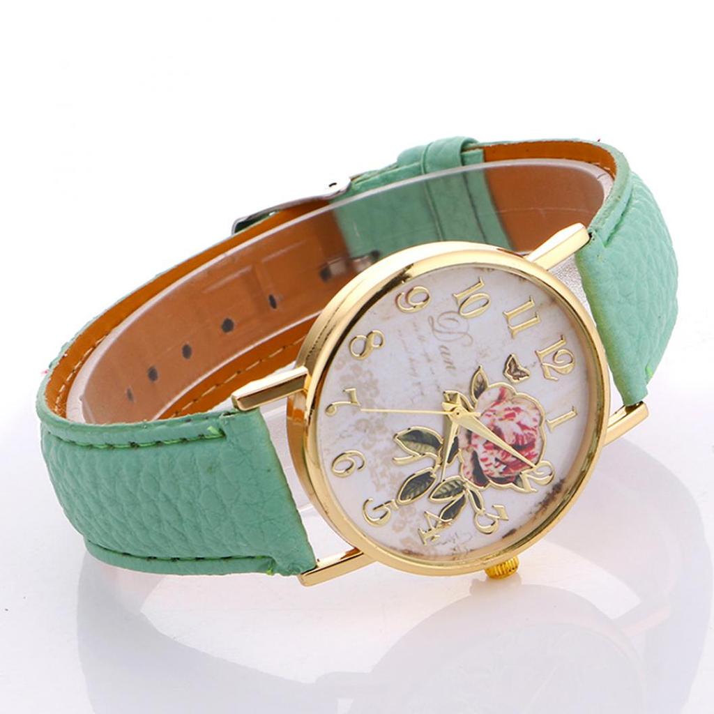 Useful Women Number Rose Flower Round Dial Faux Leather Band Quartz Wrist Watch