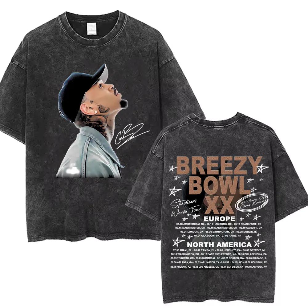 Рэпер Крис Браун Breezy Bowl XX Тур Винтажные стираные футболки Мужские Женские Хип-Хоп Модные Футболки Мужская Хлопок Ретро Футболка