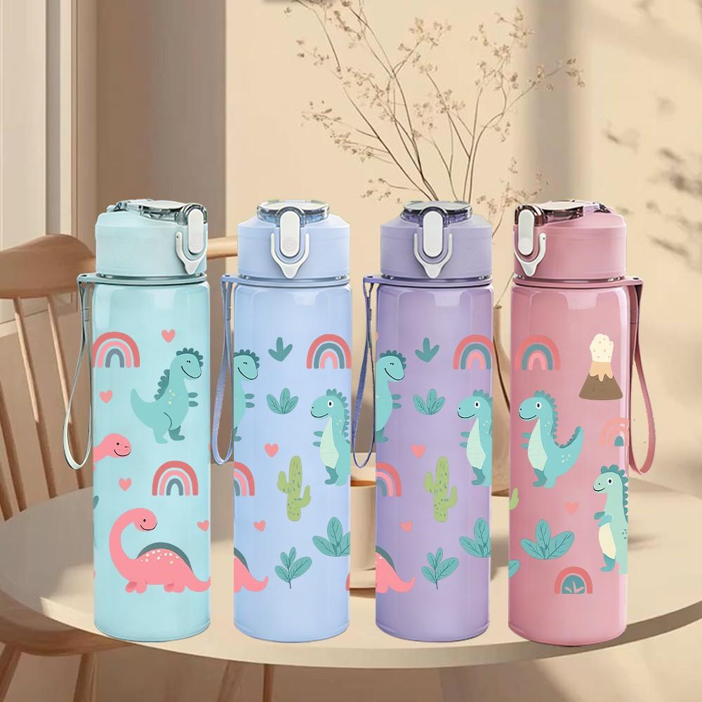 1PC Pastel Dino Cactus Pattern 750ml Color Plastic Sports Water Bottle Leakproof Flip Straw Lid Suitable for Sports Office Home Use