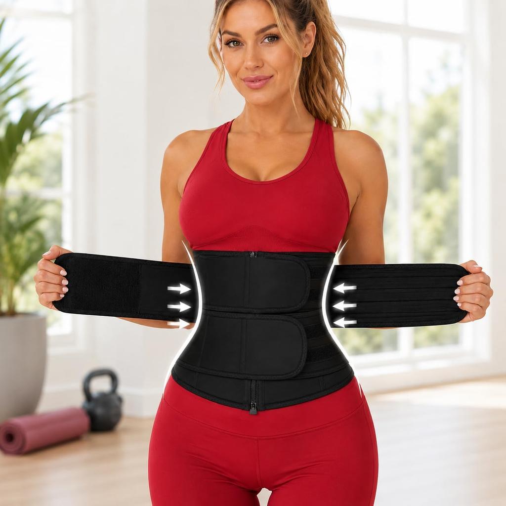 Womens Waist Trainer Belt for Workout, Sauna Sweat Waist Trimmer with Front Zipper, Double Compression Waist Support Belt