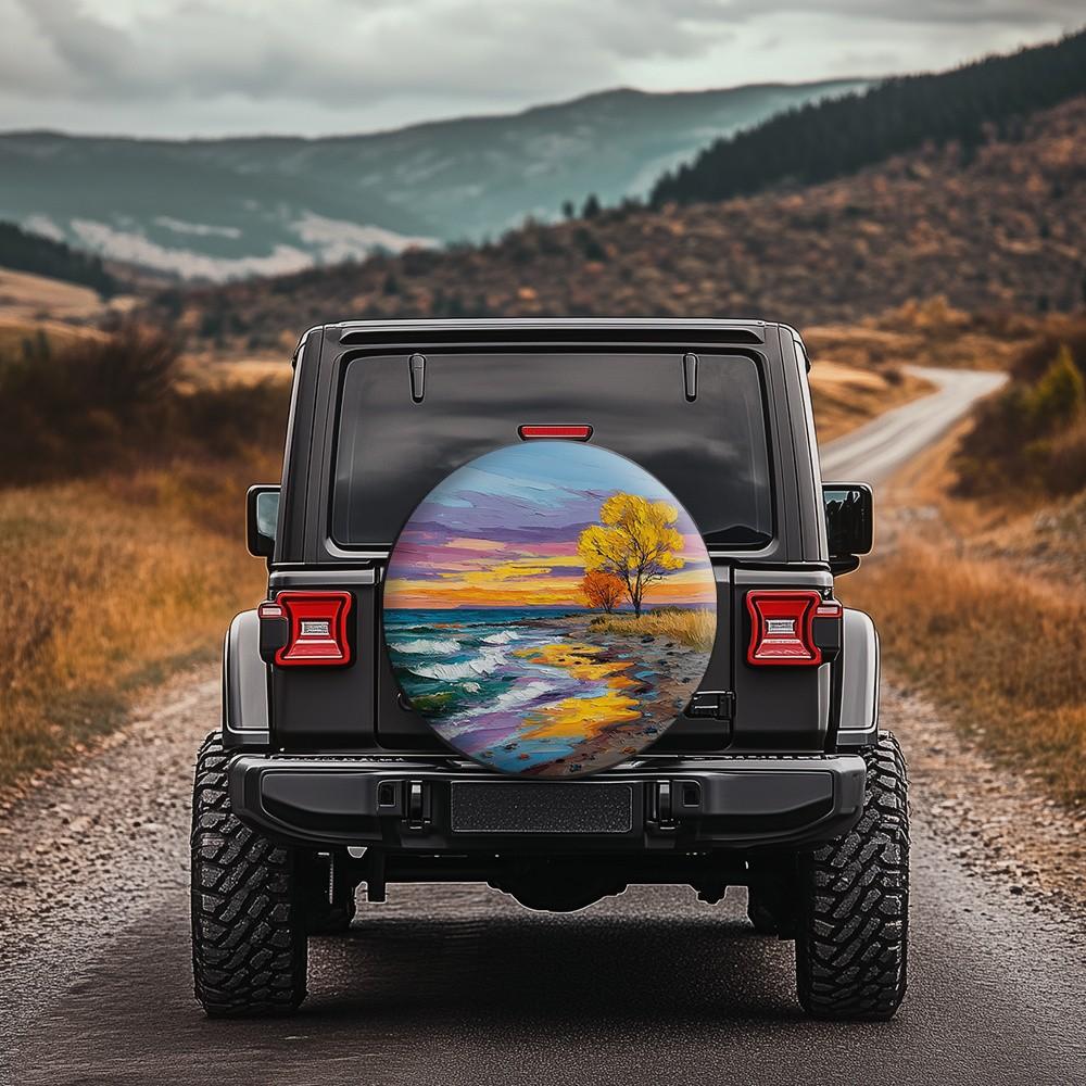 Coastal Sunset Tree Oil Painting Spare Tire Cover Durable Protector for SUV RV Camper