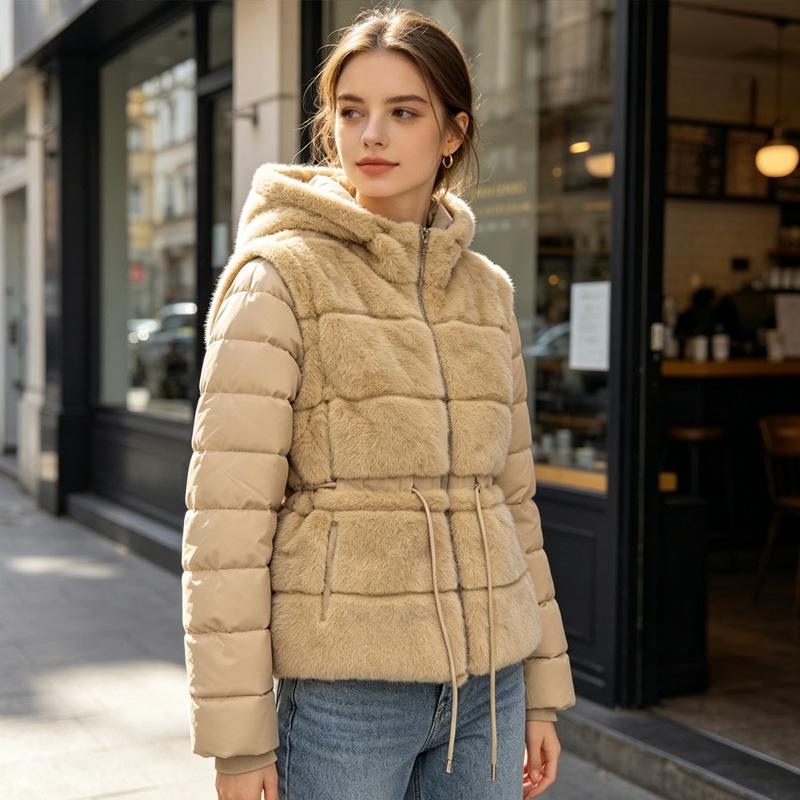 Splicing hooded cotton clothes women's autumn and winter thickened plush vest jacket zipper removable sleeves cotton coat vest