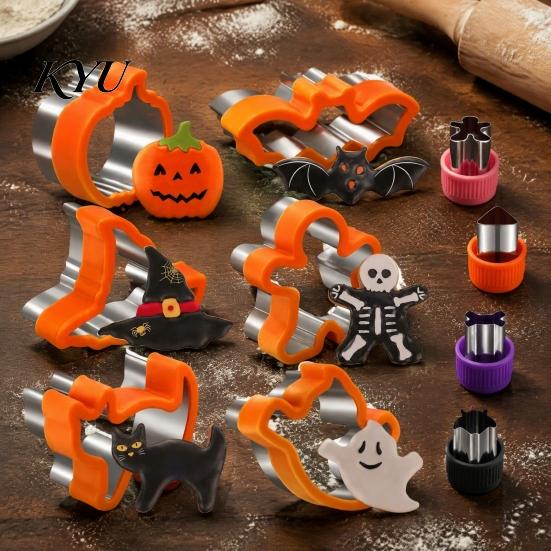 Durable 304 Steel Cookie Stamps 10PCS Halloween Cutter Set, Pumpkin/Witch's Hat/Ghost/Skeleton/Bat Shape, Stainless School Lunch Bento Accessories