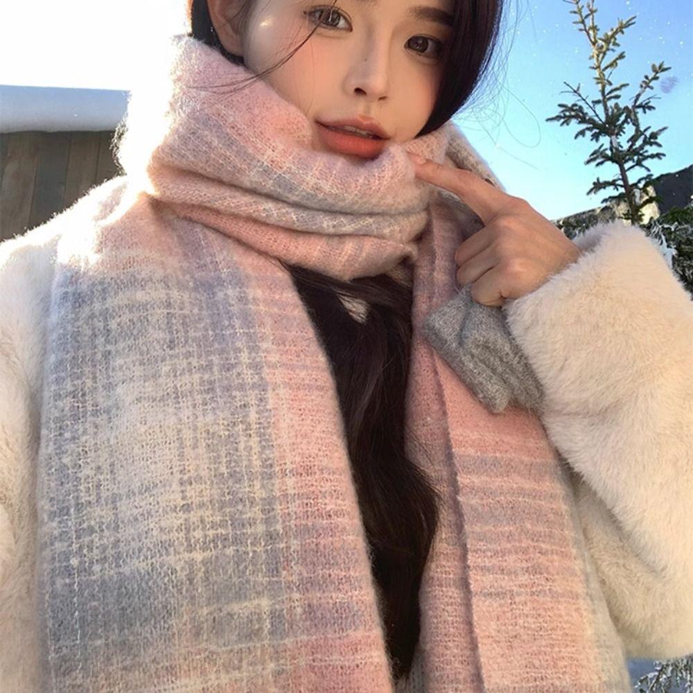 Mohair Winter Cashmere Scarves Tassel Long Shawl Retro Plaid Wool Scarf Girl