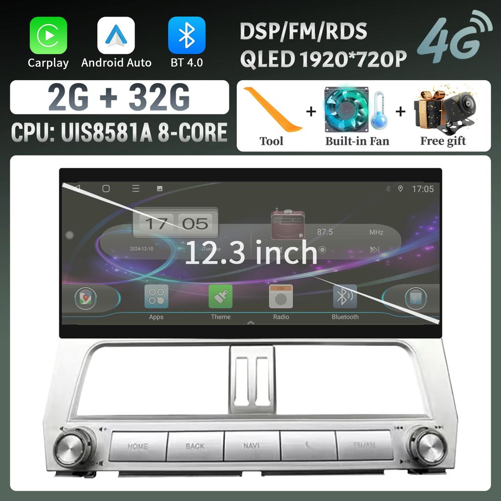12.3inch Car Radio Multimedia 4G GPS For Toyota Prado 2018-2021 Multimedia Wireless Bluetooth Carplay Touch Head Unit Screen