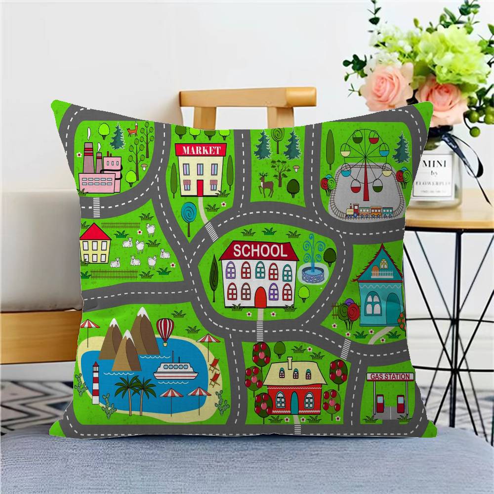 Cartoon Road Cushion Cover Car Throw Pillow Case For Sofa Car Christmas Gift 40x40cm 45x45cm
