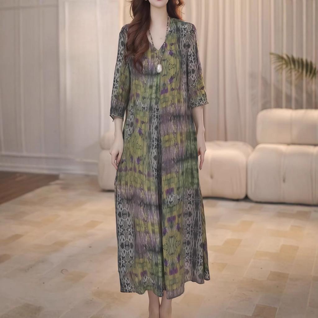 Высокороскошное темпераментное женское платье с принтом и V-образным вырезом, новое свободное и тонкое повседневное модное платье лета 2025 года