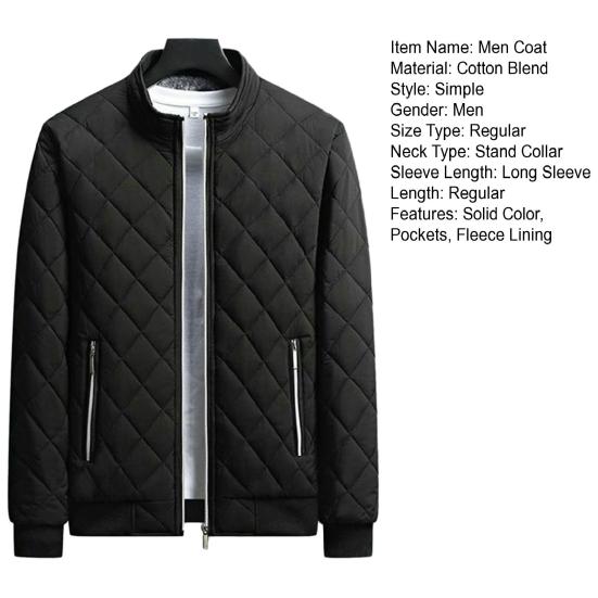 Мужская зимняя однотонная куртка, пальто с воротником-стойкой, карманы с длинными рукавами, планка на молнии, теплое пальто, клетчатая текстура, повседневная верхняя одежда на флисовой подкладке