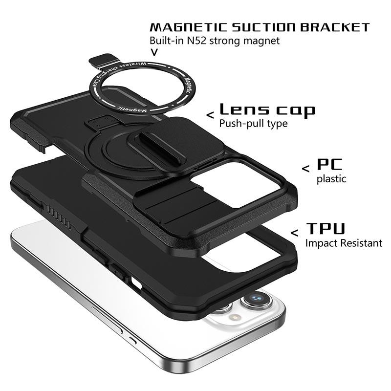 Armor Stand Holder Full Slide Cap Phone Case For IPhone 15 14 13 12 11 Pro Max Plus Magsafe Wireless Charge Magnetic Cover