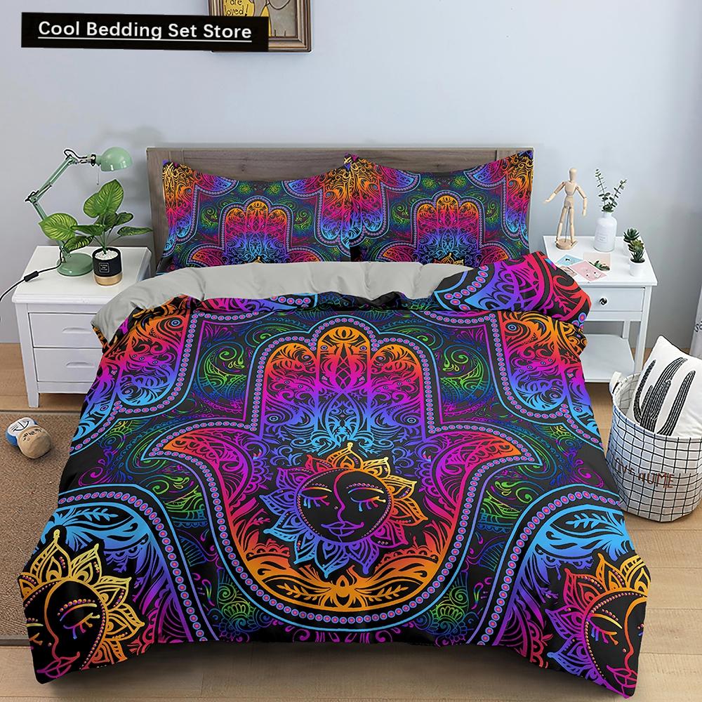 Comforter Hamsa Hand King Queen Gold Lucky Hand Of Fatima Bedding Set Black Boho Hippie Polyester Comforter