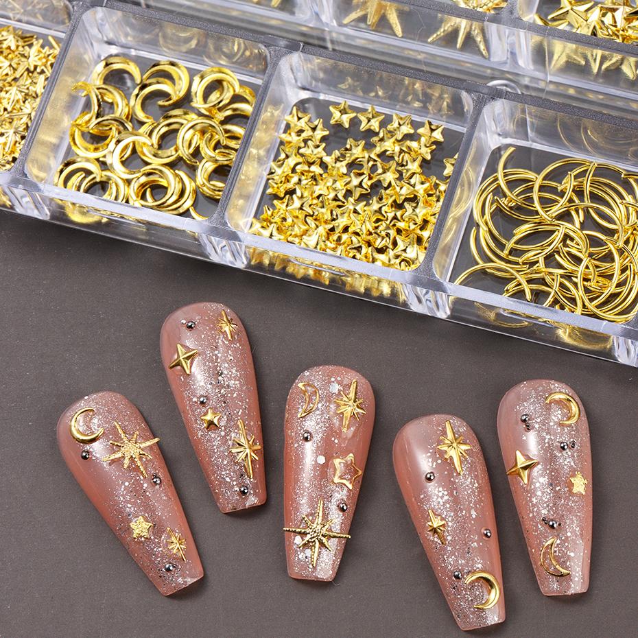 Xiaomi 12 Grids Golden Silvery Starlight Nails Art Charms Moon Cross Star Design Alloy Studs Nail Art Decoration DIY Manicure Supplies