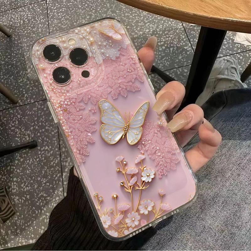 Pink Lace Butterfly Design Clear Phone Case For iPhone 17 16 15 14 Pro Max 13 12 11 7 8 Plus 16e 17 Air Soft TPU Cover