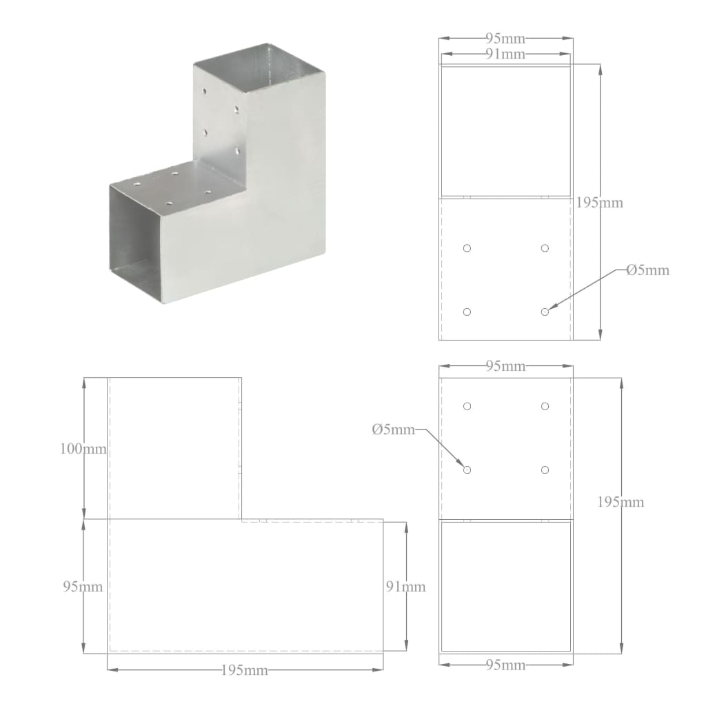 L Shaped Post Connector Galvanized Metal 91 x 91 mm