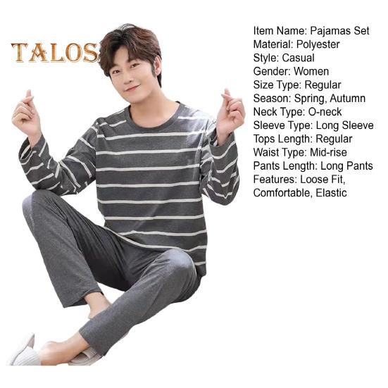 Комплект из 2 предметов: мужская пижама с круглым вырезом, длинными рукавами, полосатым принтом, топами и длинными брюками на эластичной талии, комплект домашней одежды для отдыха