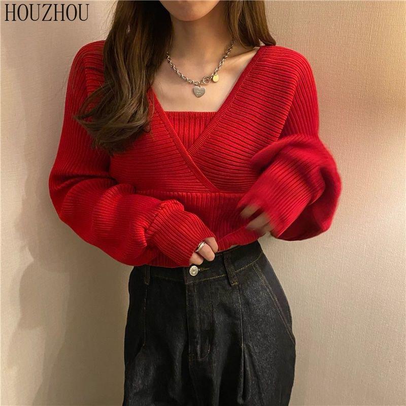 Дизайнерский вязаный свитер, весна-осень, рубашка с квадратным воротником, модный универсальный короткий свитер, топ с объемными рукавами