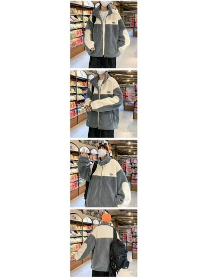 Men's Trendy Colorblock Fleece Jacket - Winter Lambswool with Stand Collar, Thick Cotton-Padded, Loose Fit, Plus Size.