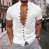 Летние хлопковые мужские однотонные пляжные повседневные рубашки в стиле ретро с воротником-стойкой и пуговицами, рубашка с коротким рукавом, белая, черная
