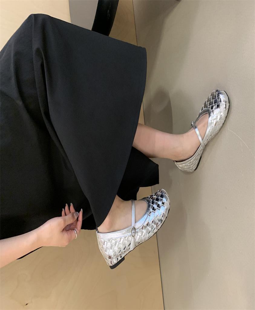 2025 Summer New Hand-woven Roman Shoes Square Head Shallow Mouth Soft Sole Word with Flat Bottom Mary Jane Single Shoes Women