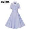 Women's Hepburn Style Contrast Color Lapel Vintage Slim Lace-up Plaid Swing Mid-length Dress