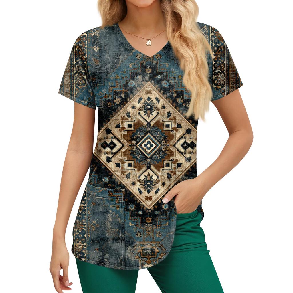 Plus Size Printed Scrub Working Uniform Tops For Women's V-Neck Print Short Sleeve Fun T-Shirts Workwear Tee With Pockets