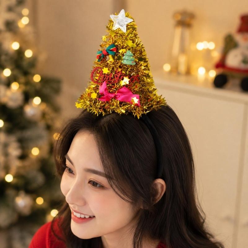 Christmas Photo Hair Accessory Tree Party Wear with Star Ribbon Letter Detail for Adults Kids Holiday Gatherings