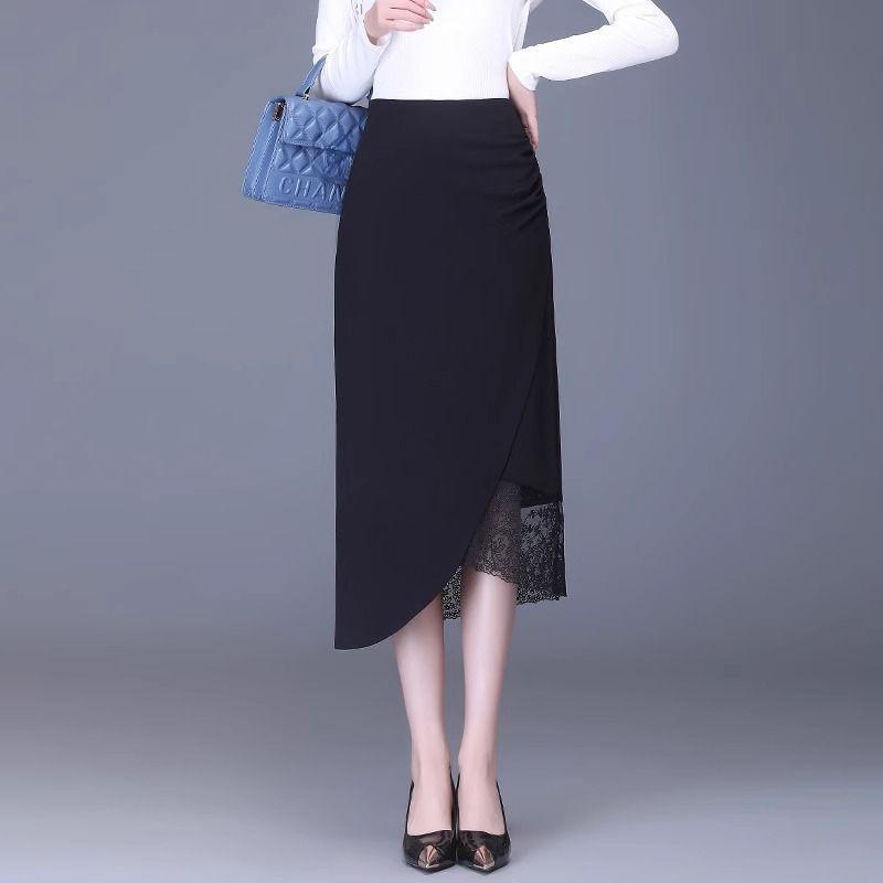 Irregular Half Length Skirt for Women Spring/Summer Collection Medium Length Style Lace Splicing Black Hip Wrapping Skirt
