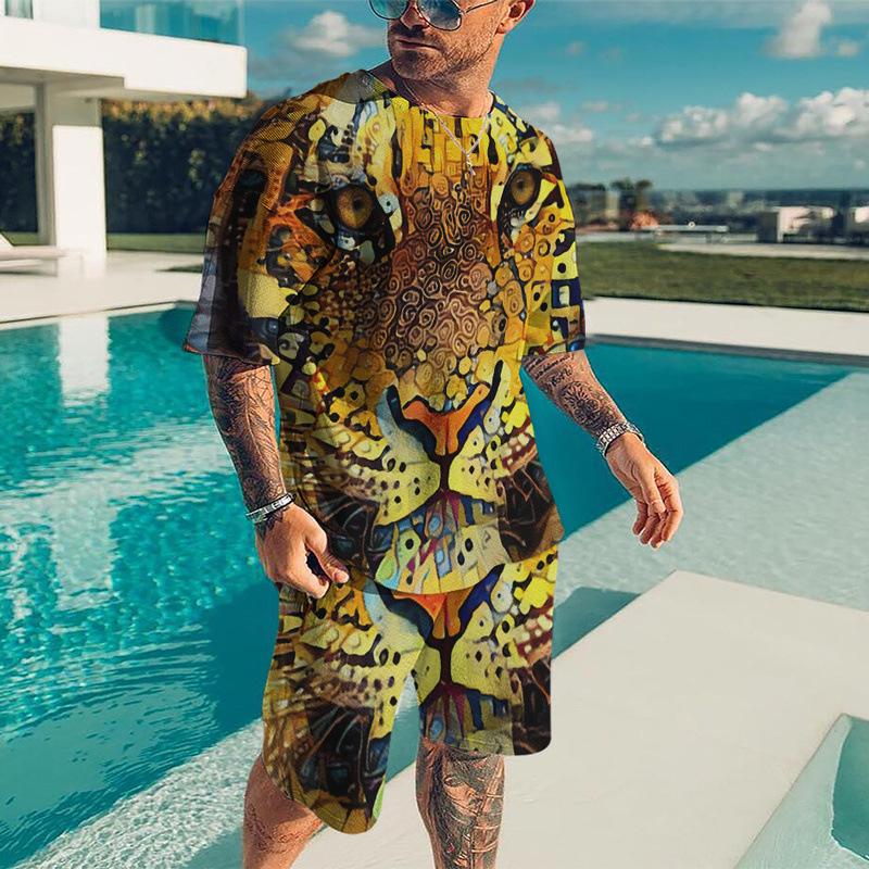 Мужские комплекты футболок, спортивный костюм с 3D принтом животного тигра, футболки, шорты, комплект из 2 предметов, уличная одежда, мужские костюмы больших размеров, спортивная одежда